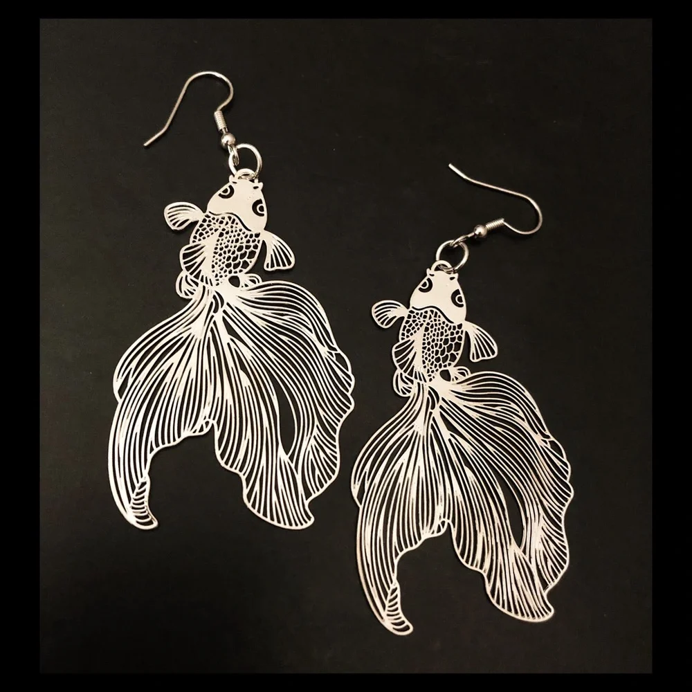 Clearance! New Steel laser chrome plate koi beta ocean fish astrology earrings